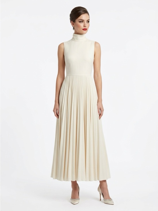 Mollie Parnis Boutique for Neusters Dresses & Skirts - Mollie Parnis Neusteters Pleated Mock Neck Maxi Dress Cream Size 4